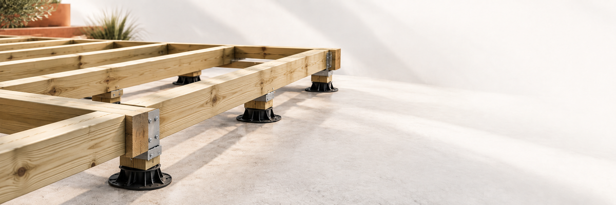 Timber deck frame kit on adjustable pedestal supports